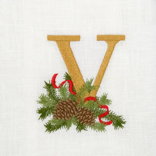 Arte Italica Initial V Winter Pine Monogram Linen Towel