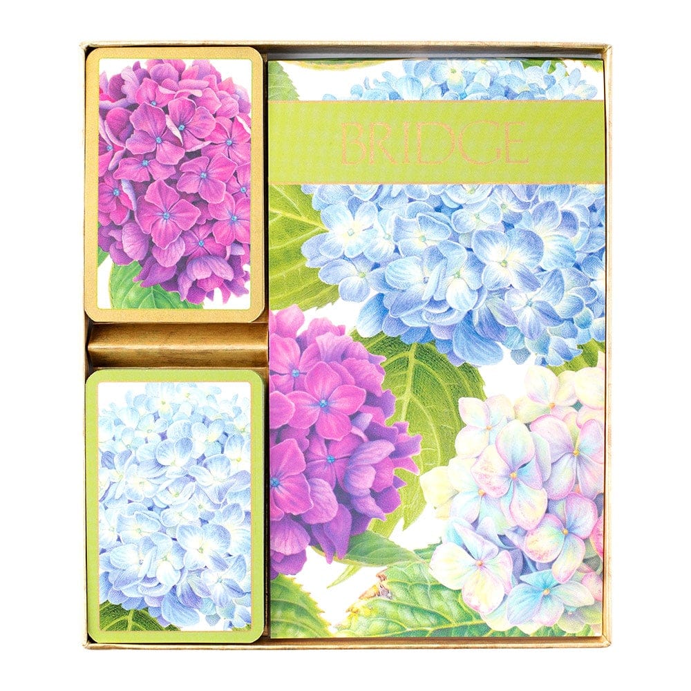 Caspari Bridge Gift Set: Hydrangea Garden - 2 Playing Card Decks & 2 Score Pads