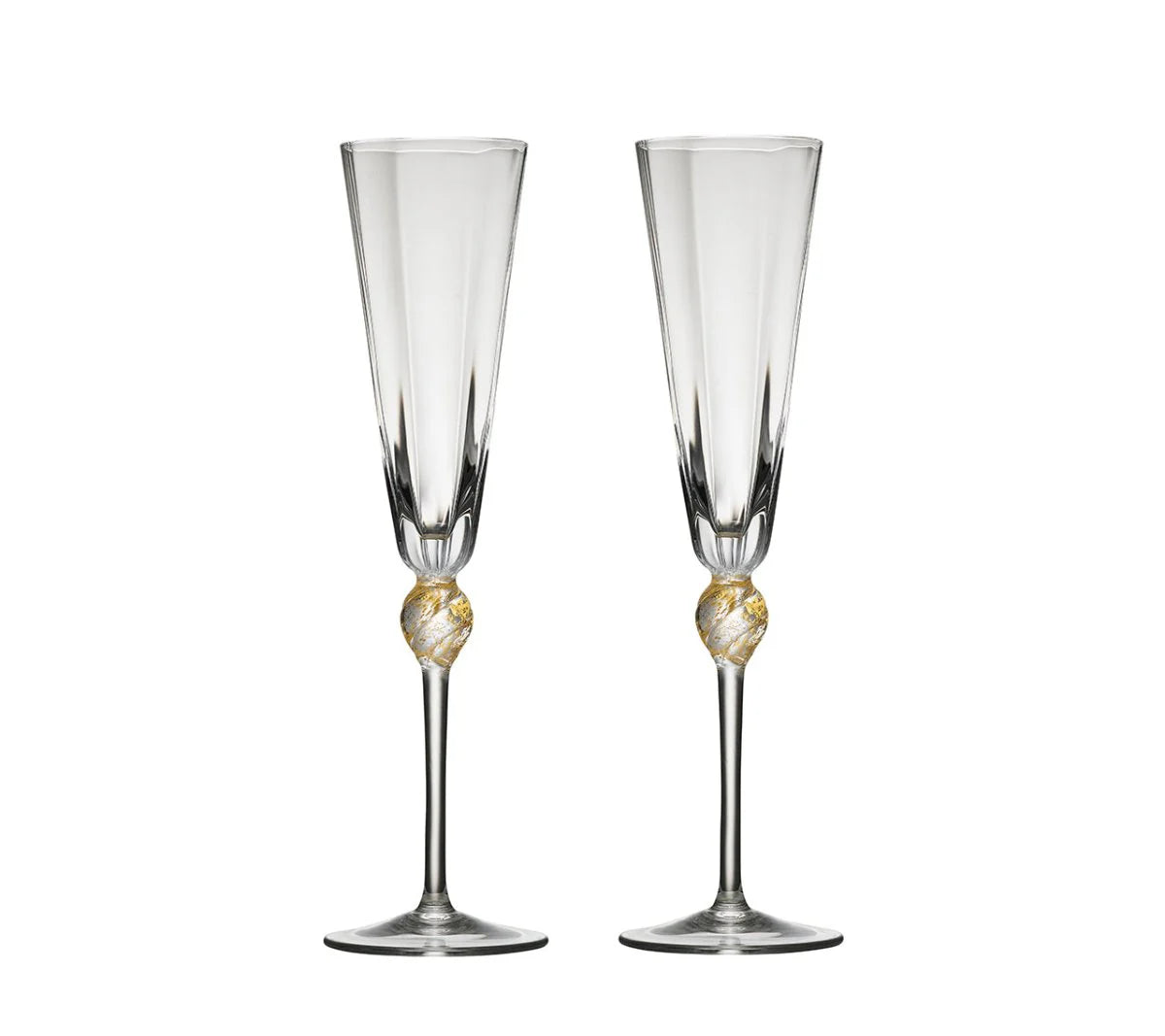 Kim Seybert Glass: Daphne Flute in Clear & Gold, Set of 2 in Gift Box