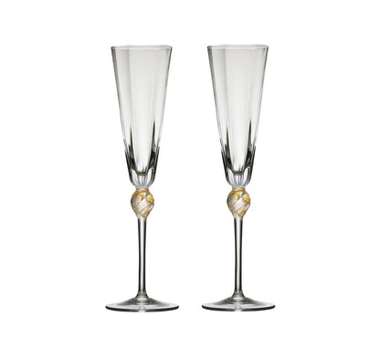Kim Seybert Glass: Daphne Flute in Clear & Gold, Set of 2 in Gift Box
