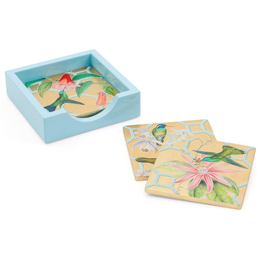 Caspari Coasters: Hummingbird Trellis Square Lacquer Coasters in Holder