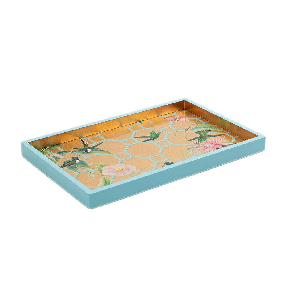 Caspari Tray: Hummingbird Trellis Lacquer Vanity Tray in Gold