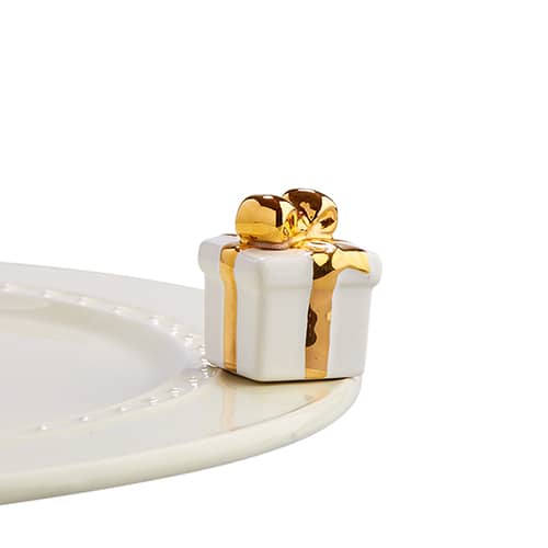 Nora Fleming Mini: Golden Wishes (White Present with Gold Bow)