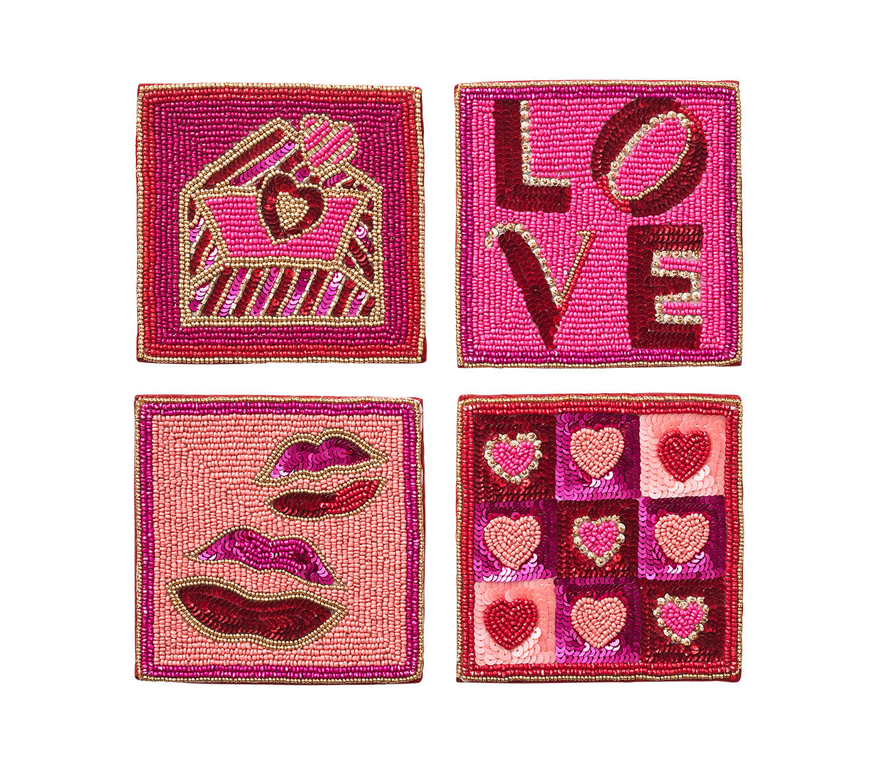 Kim Seybert Drink Coasters: Amore in Pink & Red, Set of 4