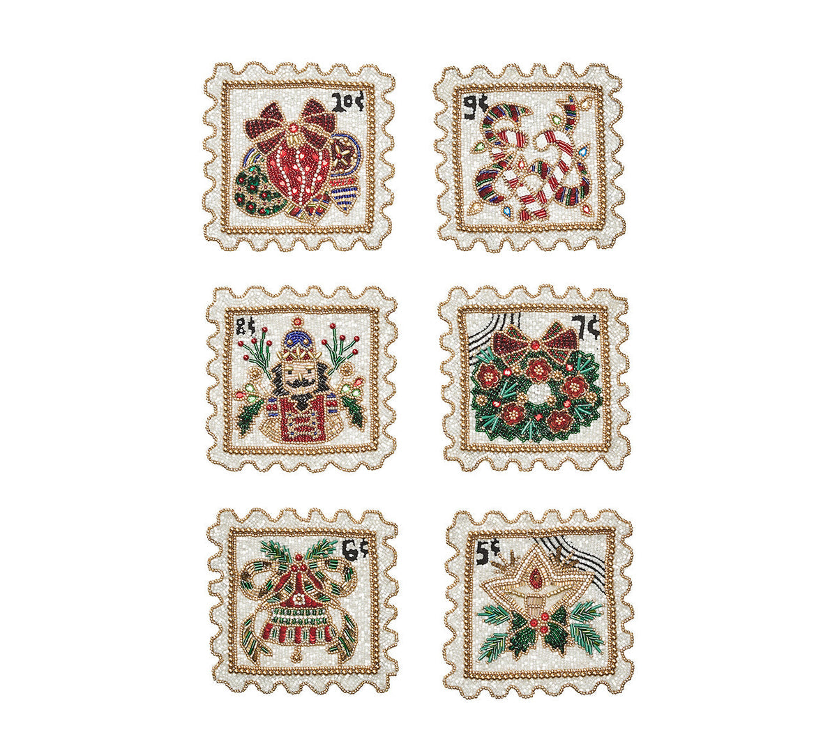 Kim Seybert Drink Coasters: Xmas Stamps in Multi, Set of 6
