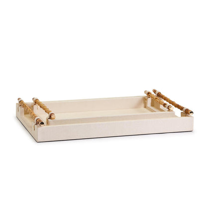 Two's Company Large Cream Rectangular Tray with Bamboo Handles