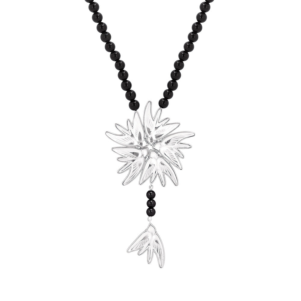 Lalique Necklace - Hirondelles - Clear Crystal, Onyx, Silver