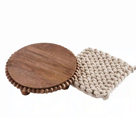 Mud Pie Wooden Beaded Trivet with Crochet Ivory Pot Holder