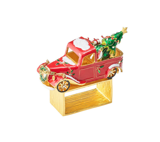 Kim Seybert Napkin Rings: Xmas Truck in Red, Green & Gold, Set of 4
