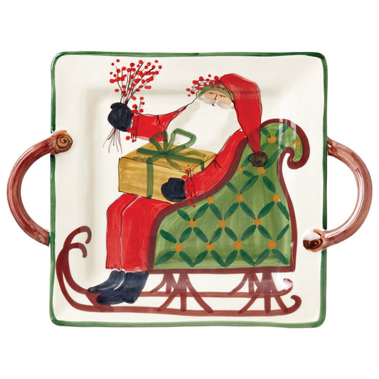Vietri Old St. Nick Handled Square Platter w/Sleigh