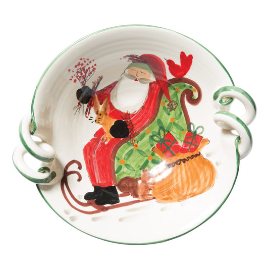 Vietri Old St. Nick Handled Scallop Bowl w/Sleigh