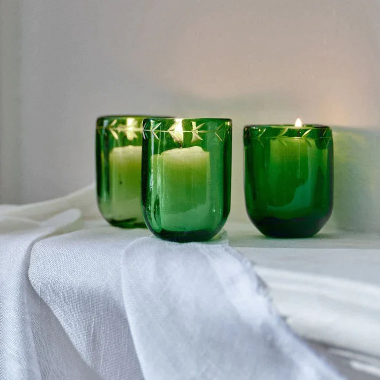 Jan Barboglio Pequenas Acanaladas Single Votive w/Etched Cadena Laurel Leaves - Green