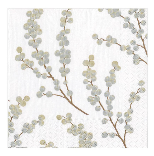 Caspari Luncheon Napkins: Berry Branches - White & Silver