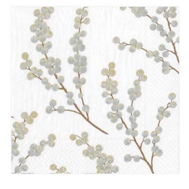 Caspari Cocktail Napkins: Berry Branches - White & Silver