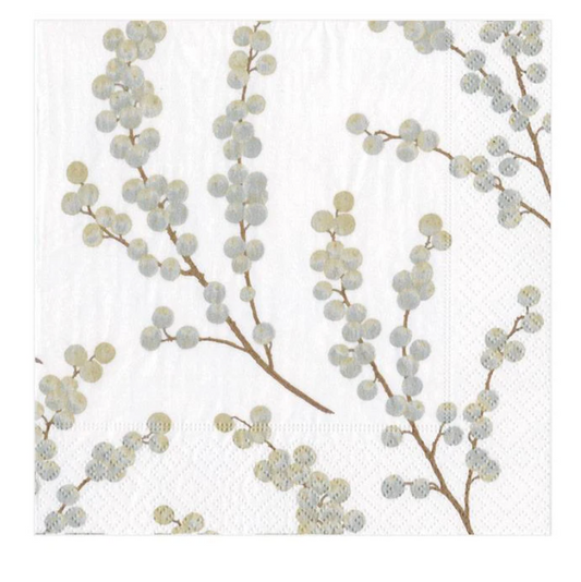 Caspari Cocktail Napkins: Berry Branches - White & Silver