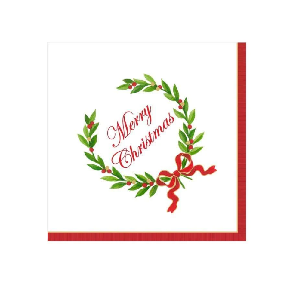 Caspari Cocktail Napkins: Merry Christmas Laurel Wreath