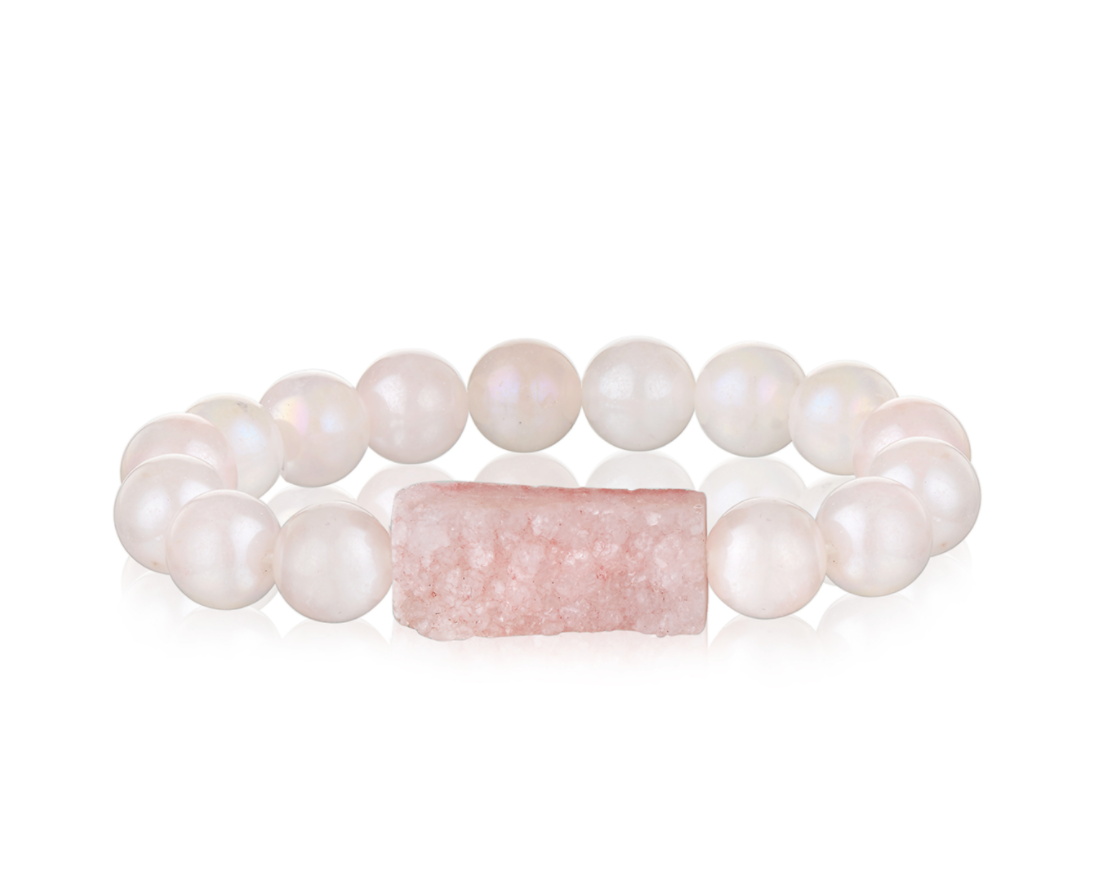 Nest Jewelry PINK DRUSY & ROSE QUARTZ BEADED STRETCH BRACELET
