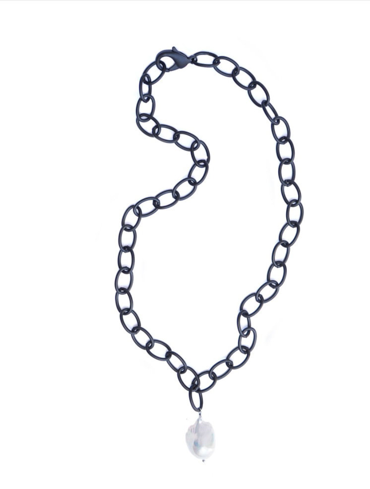 Matt Gun Metal Chain with White Baroque Pearl Necklace,