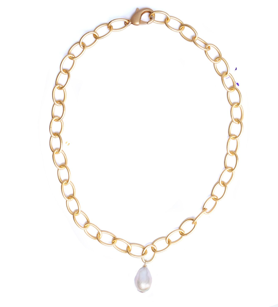 Shiny Gold Plated Chain with White Baroque Pearl