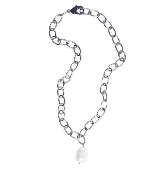 Shiny Gunmetal Chain with White Baroque Pearl,