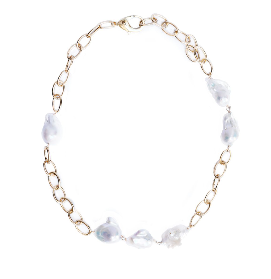 Shiny Gold Plated Chain with six White Baroque Pearls,