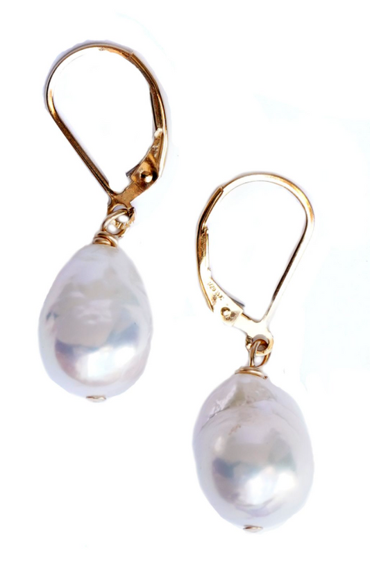 Small White Baroque Pearl Earring with Gold Plated Lever Earwire.
