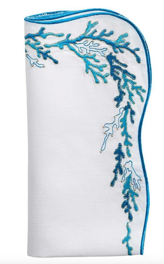 Kim Seybert Napkins: Reef in White, Turquoise & Gold, Set of 4