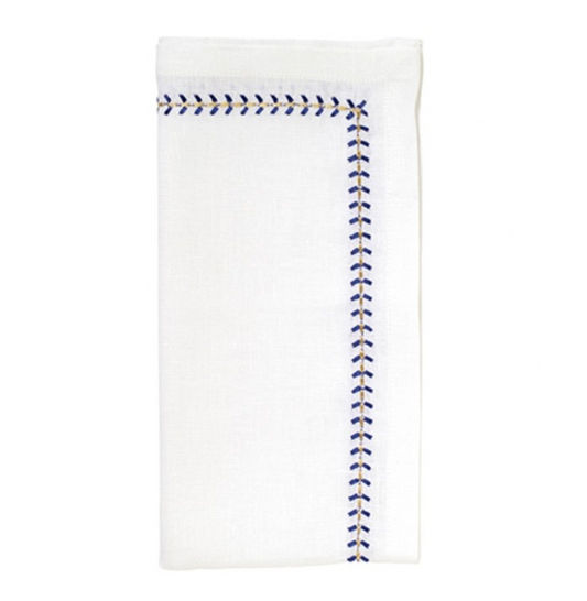 Kim Seybert Napkin: Herringbone in White with Cobalt