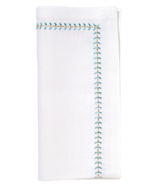 Kim Seybert Napkin: Herringbone in White with Seafoam & Gold
