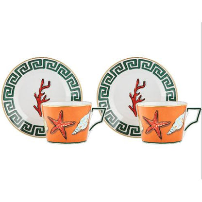 Ginori 1735 Il Viaggio Di Nettuno Tea Cups with Saucers - Set of 2 - Rock Orange