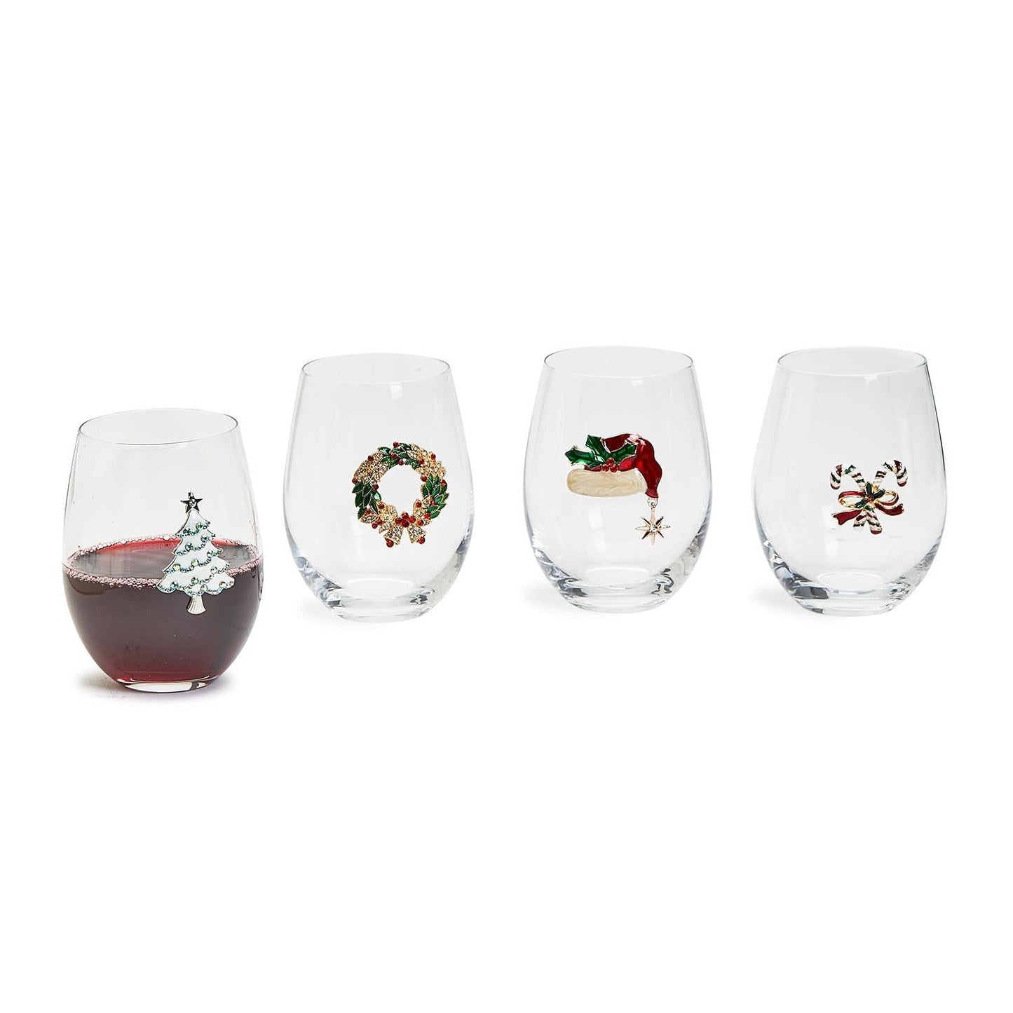 Two's Company Stemless Wine Glass  - Holiday Cheer Assorted Set of 4